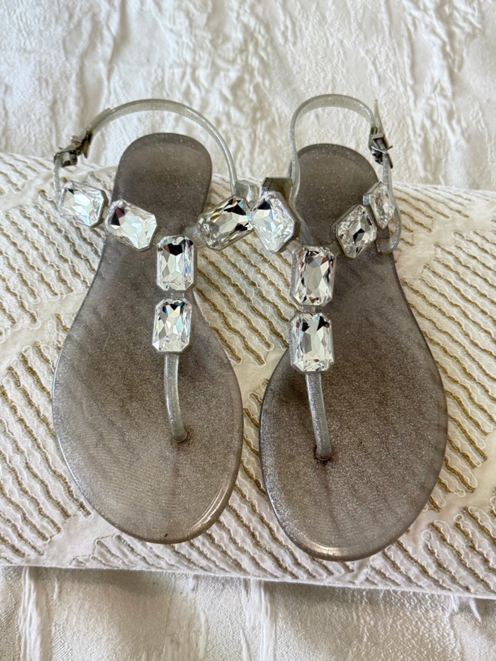 Women's Silver Jeweled T-Strap Sandals